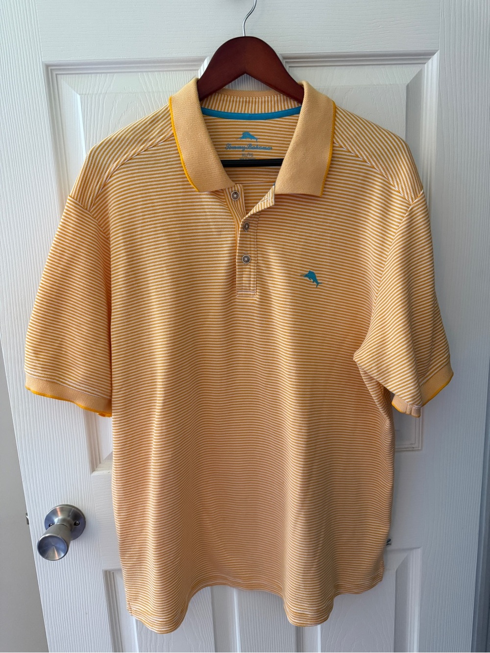 Tommy Bahama Men's Pale Yellow Striped Golf Polo with Aqua Logo